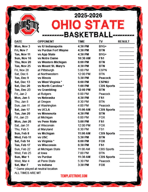 Ohio State Buckeyes Basketball 2025-26 Printable Schedule - Mountain Times
