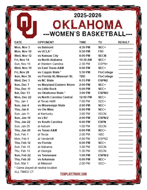Oklahoma Sooners women's basketball 2025-26 Printable Schedule - Central Times