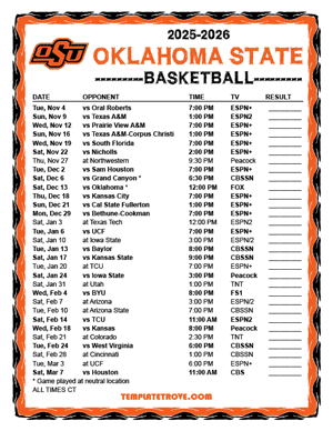 Oklahoma State Cowboys Basketball 2025-26 Printable Schedule - Central Times