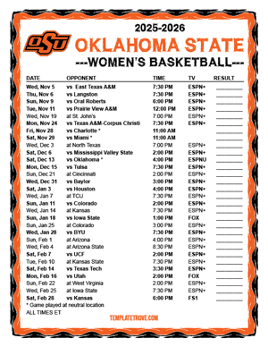 2024-25 Printable Oklahoma State Cowgirls Women's Basketball Schedule