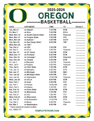 Oregon Ducks Basketball 2025-26 Printable Schedule - Pacific Times
