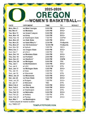 2024-25 Printable Oregon Ducks Women's Basketball Schedule