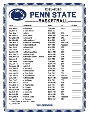 Penn State Nittany Lions Basketball 2025-26 Printable Schedule - Mountain Times