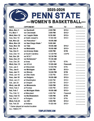 Penn State Nittany Lions Women's Basketball 2025-26 Printable Schedule - Pacific Times