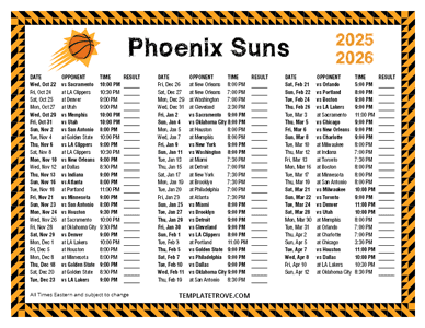 Phoenix Suns 2025-26 Printable Schedule