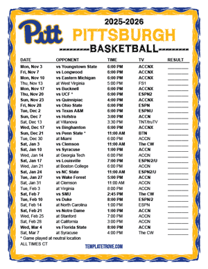 Pittsburgh Panthers Basketball 2025-26 Printable Schedule - Central Times