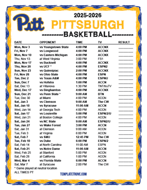 Pittsburgh Panthers Basketball 2025-26 Printable Schedule - Pacific Times