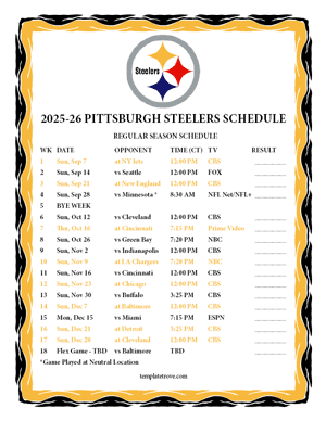 Pittsburgh Steelers 2025-26
Printable Schedule - Central Times