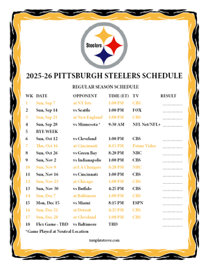 Pittsburgh Steelers 2025-26
Printable Schedule