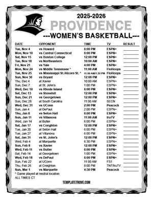 Providence Friars Women's Basketball 2025-26 Printable Schedule - Central Times