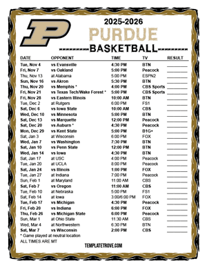 Purdue Boilermakers Basketball 2025-26 Printable Schedule - Mountain Times