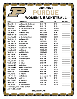 Purdue Boilermakers Women's Basketball 2025-26 Printable Schedule - Central Times