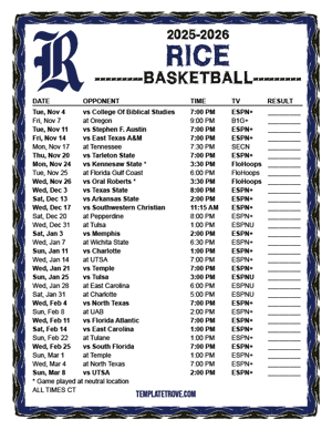 Rice Owls Basketball 2025-26 Printable Schedule - Central Times