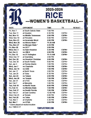 Rice Owls women's basketball 2025-26 Printable Schedule - Central Times
