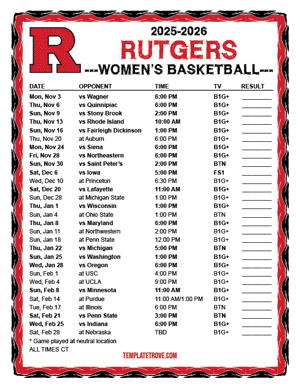 Rutgers Scarlet Knights Women's Basketball 2025-26 Printable Schedule - Central Times
