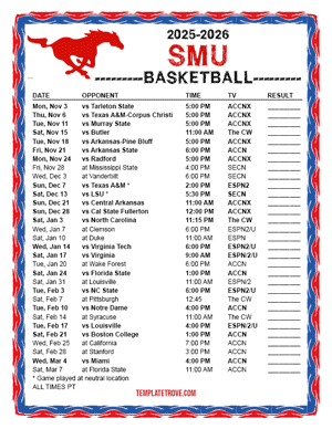 SMU Mustangs Basketball 2025-26 Printable Schedule - Pacific Times