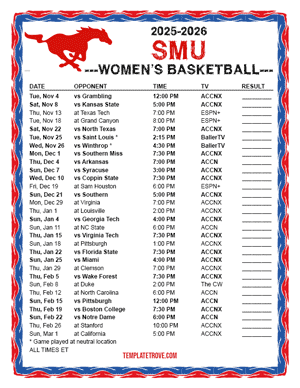 2025-26 Printable SMU Mustangs Women's Basketball Schedule