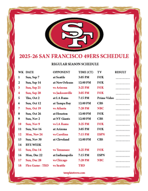 San Francisco 49ers 2025-26
Printable Schedule - Central Times