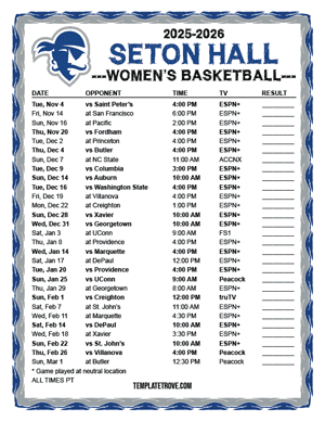 Seton Hall Pirates Women's Basketball 2025-26 Printable Schedule - Pacific Times