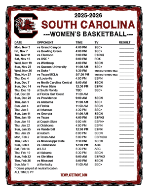 South Carolina Gamecocks women's basketball 2025-26 Printable Schedule - Pacific Times