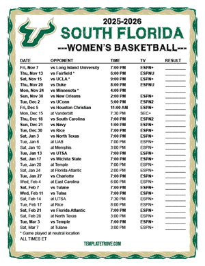 2024-25 Printable South Florida Bulls Women's Basketball Schedule