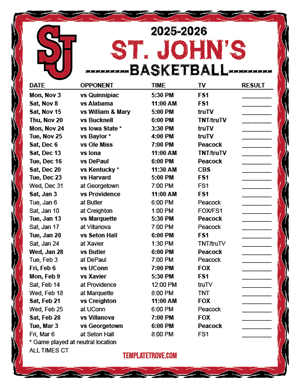 St. John's Red Storm Basketball 2025-26 Printable Schedule - Central Times