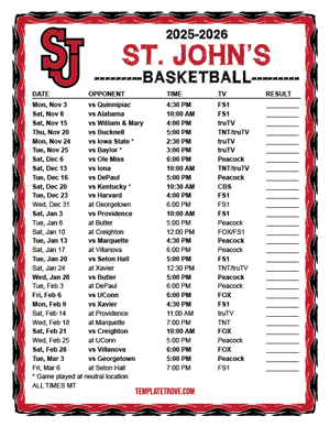 St. John's Red Storm Basketball 2025-26 Printable Schedule - Mountain Times