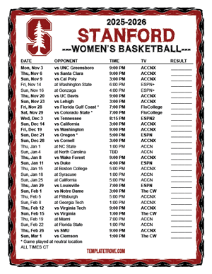 Stanford Cardinal women's basketball 2025-26 Printable Schedule - Central Times