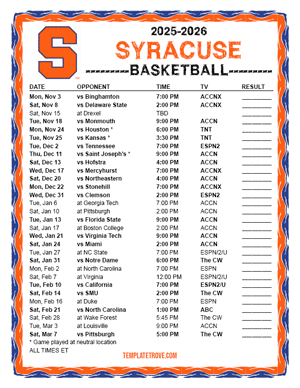 2024-25 Printable Syracuse Orange Basketball Schedule