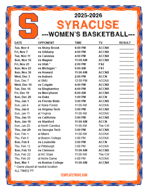 Syracuse Orange women's basketball 2025-26 Printable Schedule - Pacific Times