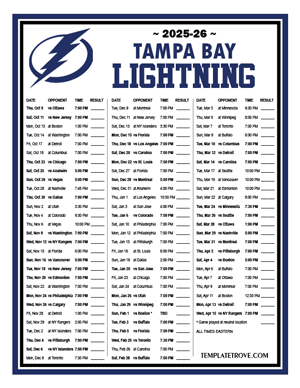Tampa Bay Lightning 2025-26 Printable Schedule
