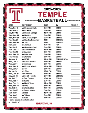 Temple Owls Basketball 2025-26 Printable Schedule - Mountain Times