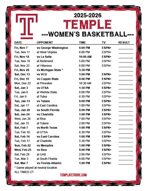 Temple Owls women's basketball 2025-26 Printable Schedule - Central Times