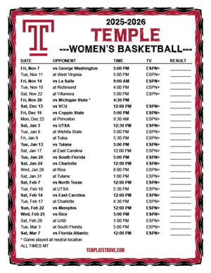 Temple Owls women's basketball 2025-26 Printable Schedule - Mountain Times