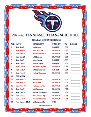 Tennessee Titans 2025-26
Printable Schedule - Pacific Times
