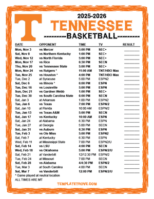 Tennessee Volunteers Basketball 2025-26 Printable Schedule - Mountain Times
