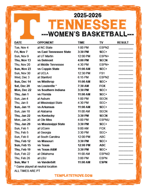 Tennessee Volunteers women's basketball 2025-26 Printable Schedule - Pacific Times