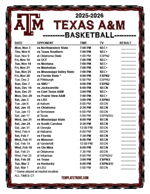 Texas A&M Aggies Basketball 2025-26 Printable Schedule - Central Times