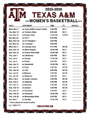Texas A&M Aggies women's basketball 2025-26 Printable Schedule - Pacific Times