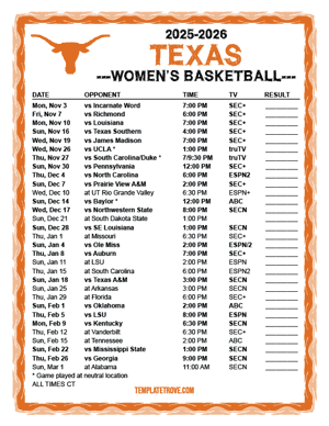 Texas Longhorns women's basketball 2025-26 Printable Schedule - Central Times