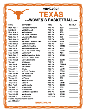 2024-25 Printable Texas Longhorns Women's Basketball Schedule