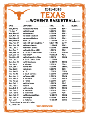 Texas Longhorns women's basketball 2025-26 Printable Schedule - Mountain Times