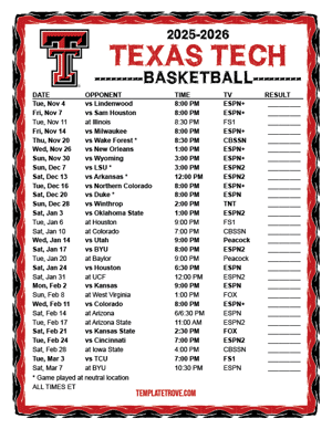 2024-25 Printable Texas Tech Red Raiders Basketball Schedule