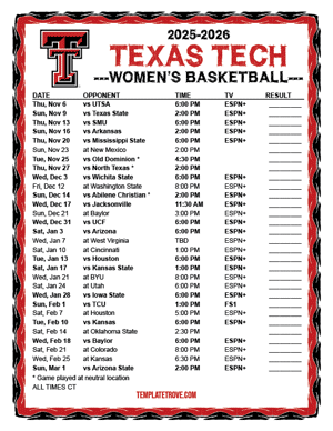 Texas Tech Red Raiders Women's Basketball 2025-26 Printable Schedule - Central Times