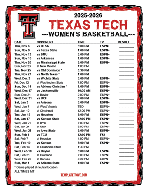 Texas Tech Red Raiders Women's Basketball 2025-26 Printable Schedule - Mountain Times