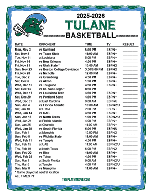 Tulane Green Wave Basketball 2025-26 Printable Schedule - Pacific Times