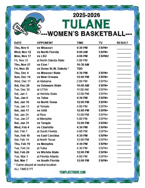 Tulane Green Wave women's basketball 2025-26 Printable Schedule - Pacific Times