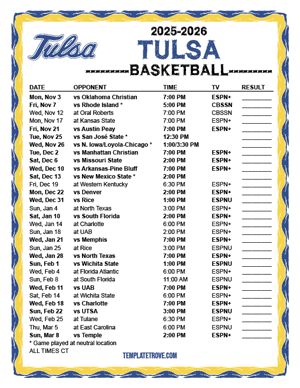 Tulsa Golden Hurricane Basketball 2025-26 Printable Schedule - Central Times