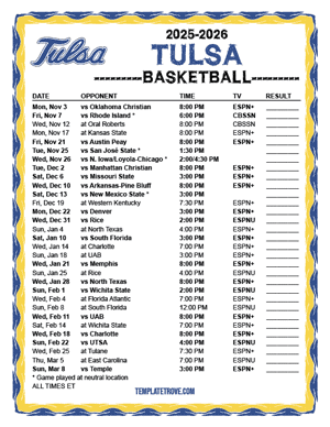 2024-25 Printable Tulsa Golden Hurricane Basketball Schedule