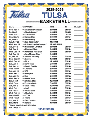 Tulsa Golden Hurricane Basketball 2025-26 Printable Schedule - Mountain Times